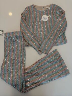 NWT Chelsea & Violet Girls Sequin Pastel Striped Crop Top & Pants Set